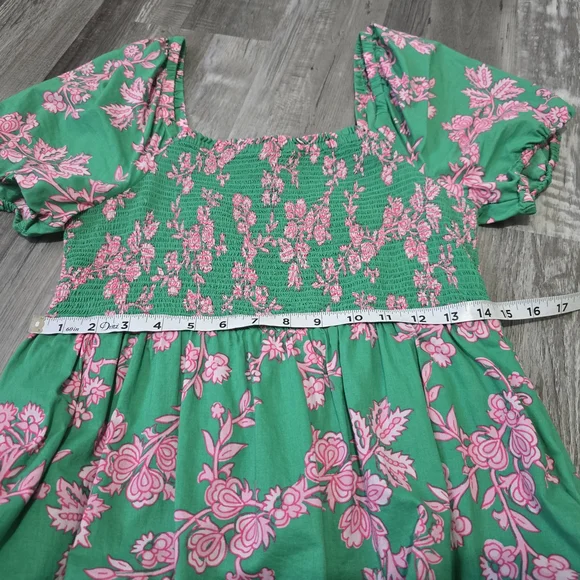 J. Crew Factory Smocked Midi Dress Floral Green/ Pink Puff Short Sleeves Size M - Picture 10 of 13